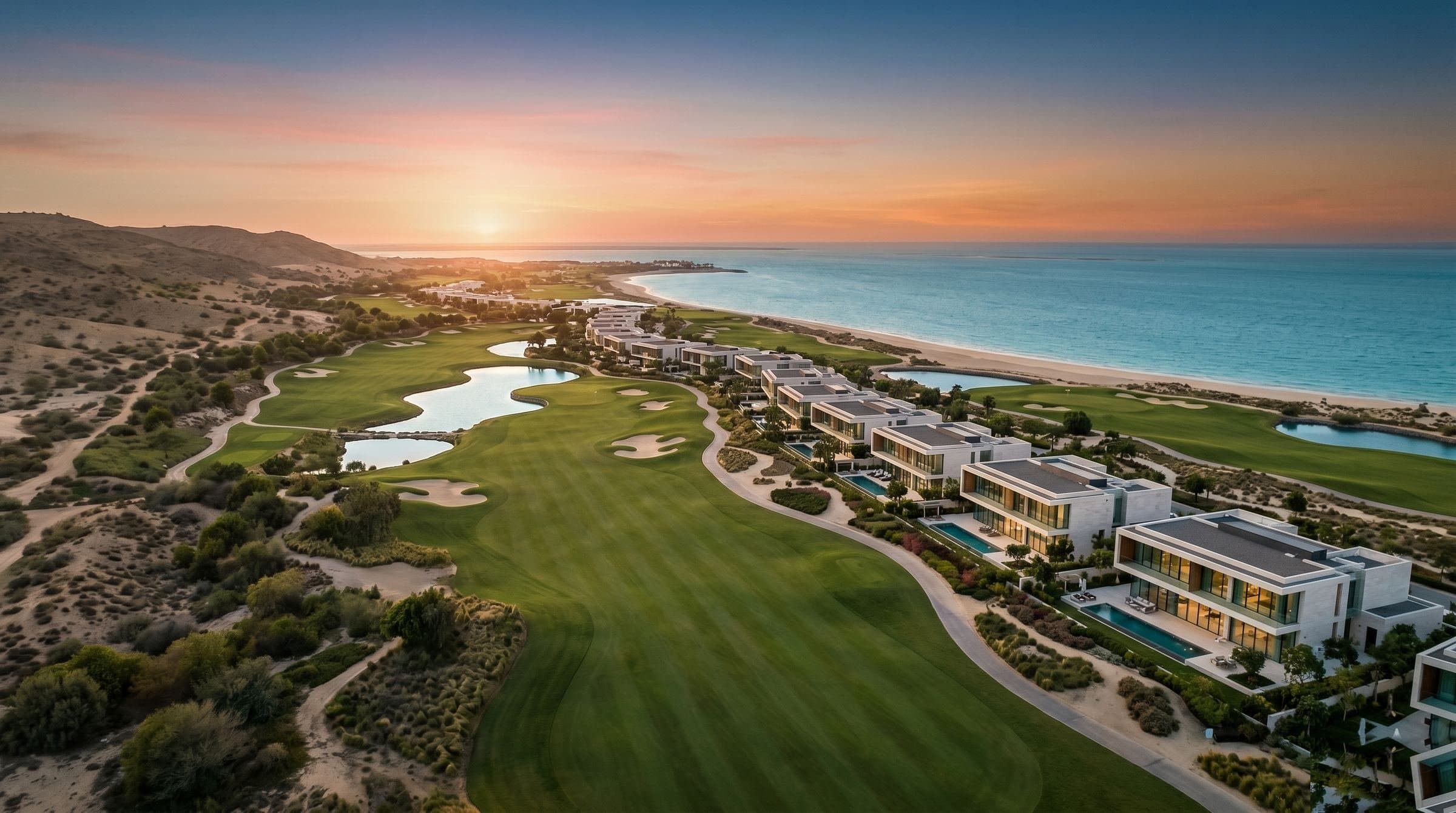 Hudayriyat Golf Estates aerial render at golden hour