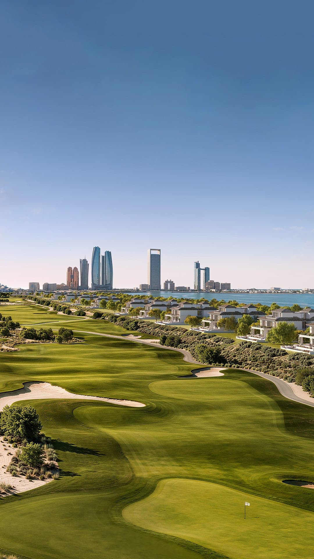 Hudayriyat Golf Estates aerial render at golden hour